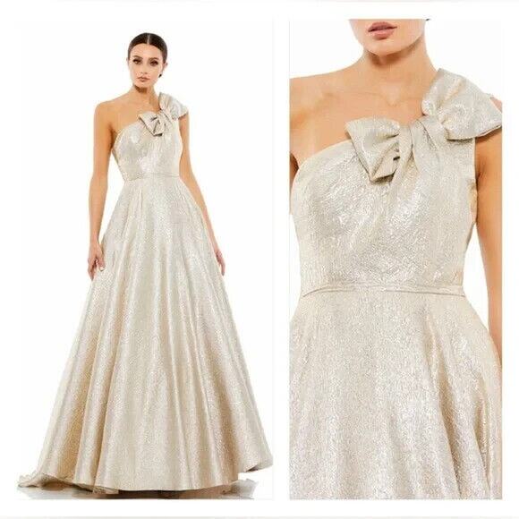 Mac Duggal Gold Metallic Evening Dress Gown Size 6 NWT Gold One Shoulder - Picture 1 of 9